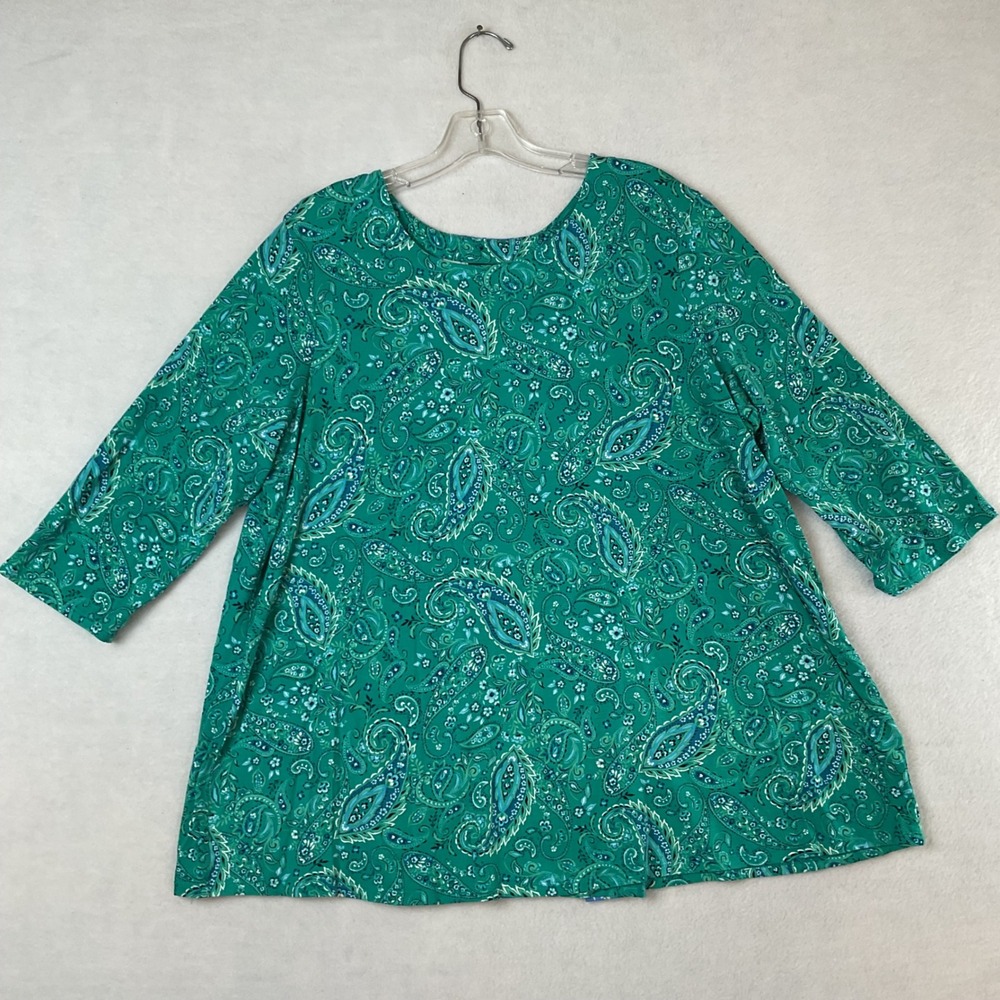 J.Jill Wearever Green Paisley Back Pleat Tunic Top XL Petite 3/4 Sleeve